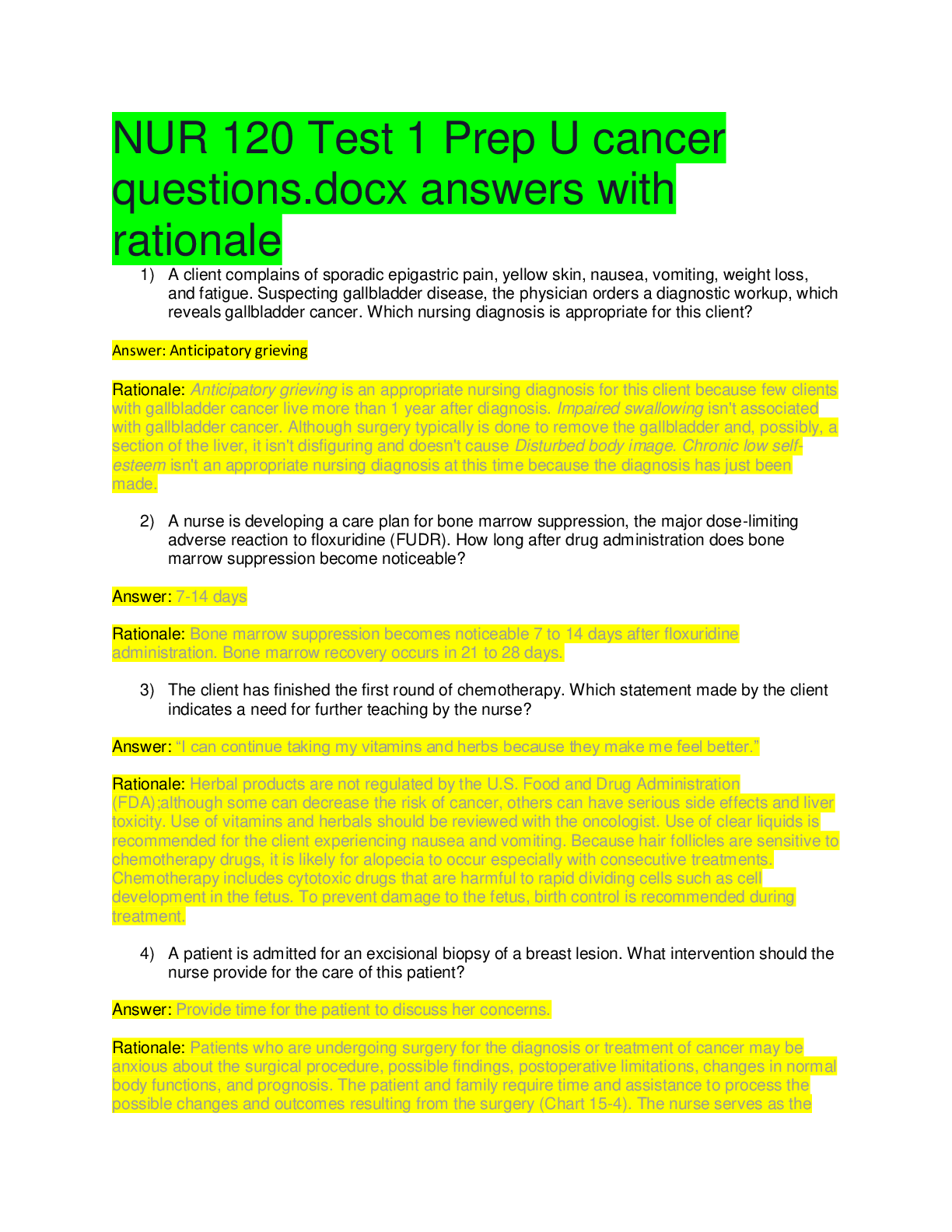 Preview of NUR 120 Test 1 Prep U cancer questions.docx answers with rationale